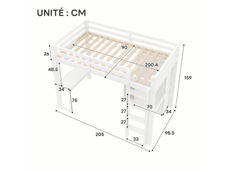  Lit mezzanine 90x200 cm avec bureau et armoire, structure en pin massif et mdf, blanc, éclairage led et port usb  - Conforama C