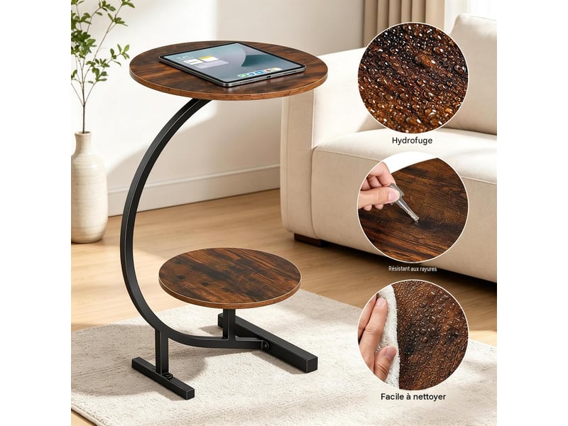  Table d'appoint ronde à 2 plateaux en mdf et métal coloris brun rustique T5828P569063 - Conforama E