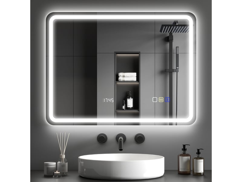  Miroir salle de bain bluetooth avec éclairage led 60 x 80 cm, miroir lumineux mural avec horloge, antibuée, argenté  - Conforama A