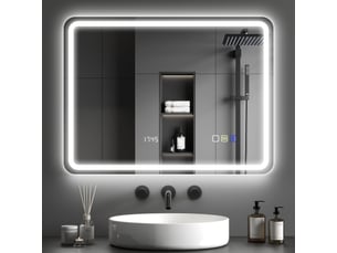 Miroir salle de bain bluetooth avec éclairage led 60 x 80 cm, miroir lumineux mural avec horloge, antibuée, argenté