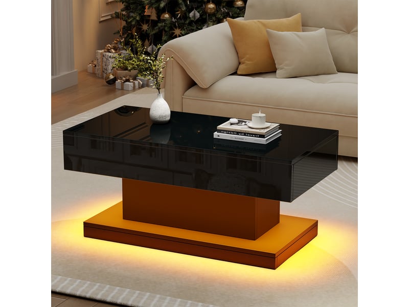  Table basse noire brillante avec led app, table de salon 2 tiroirs, design moderne en forme de i, 100x50x45 cm  - Conforama W