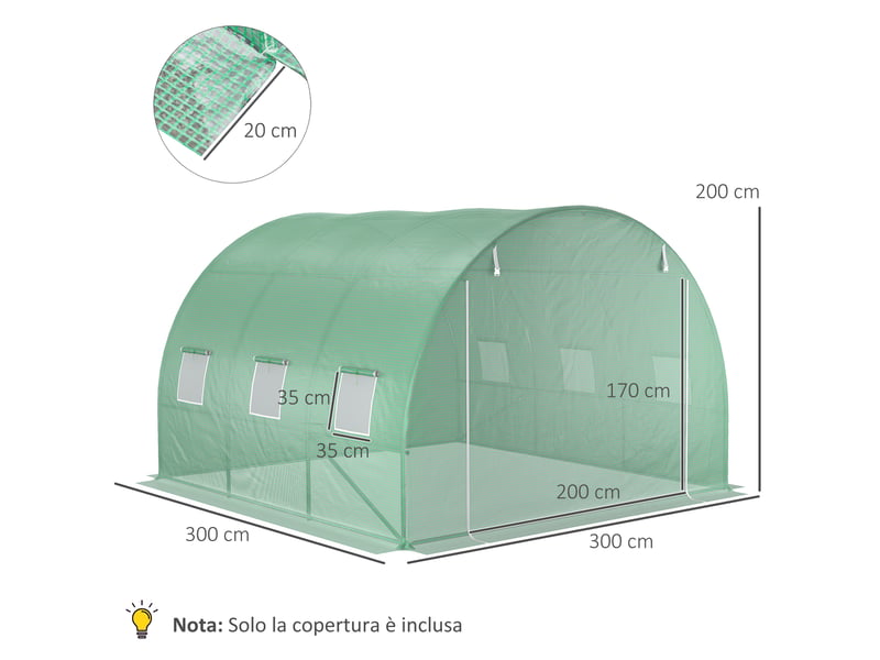  Bâche de serre en polyéthylène avec 6 fenêtres, porte enroulable et bords enterrés, 3 x 3 x 2 m, verte  - Conforama E