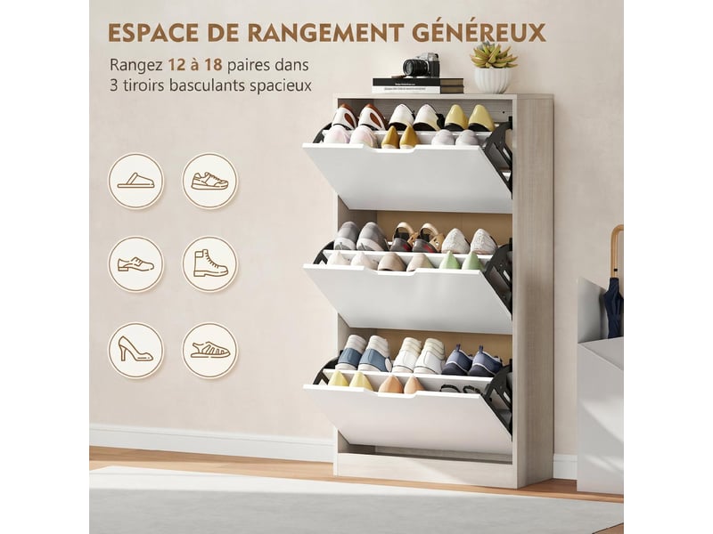  Meuble à chaussures 3 tiroirs rabattables 12 paires chêne et blanc 62,5 x 26 x 117,5 cm  - Conforama D