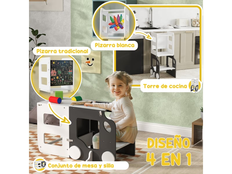  Tabouret enfant learning tower avec tableau noir convertible en table et chaise, motif voiture blanche et grise  - Conforama E