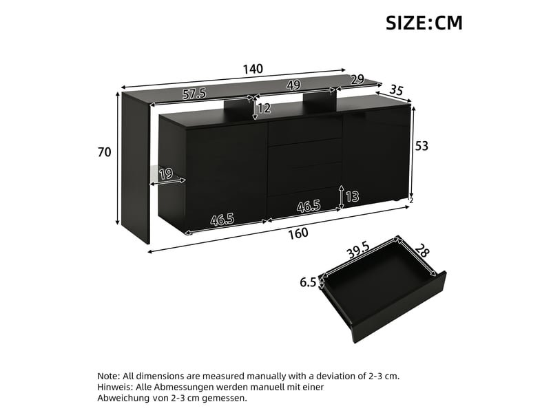  Buffet noir brillant 2 portes 4 tiroirs avec éclairage led 160 cm  - Conforama C