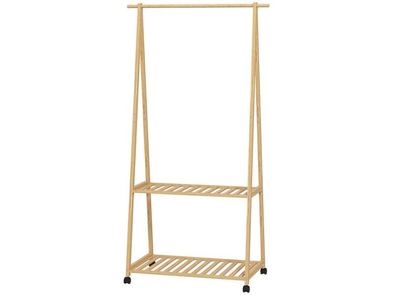  Portant à vêtements en bambou sur roulettes avec 2 étagères et 2 crochets, pour le couloir ou la chambre  - Conforama B