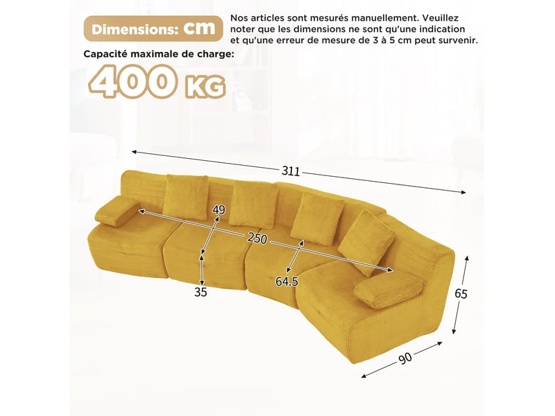 Canapé modulaire 4 places à modules combinables sans montage en velours côtelé jaune, 311 × 90 × 65 cm - Conforama C