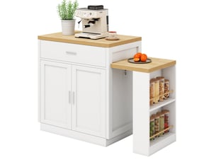 Desserte de cuisine avec table extensible, 2 tiroirs, étagères et prises usb pour cuisine, mdf blanc, 188×55×92 cm