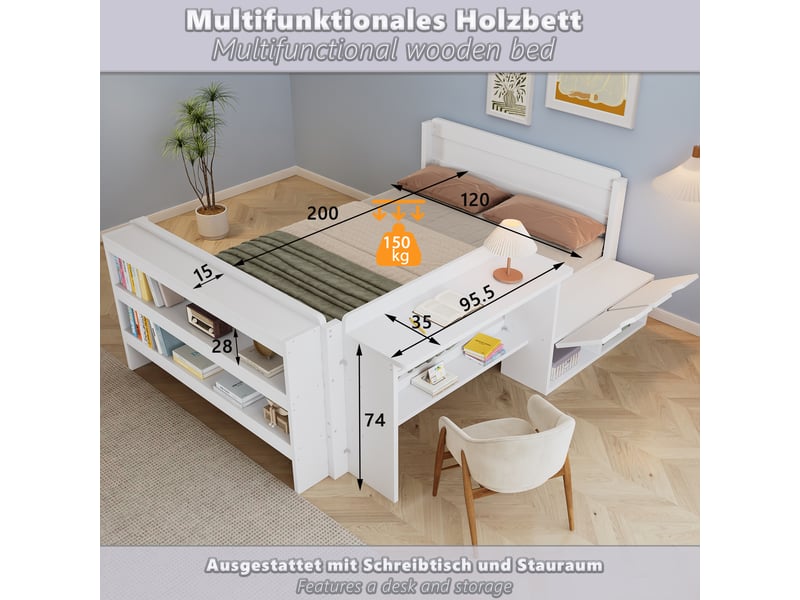  Lit 120 x 200 cm en bois avec bureau et rangements, compartiment à abattant, étagère au pied, module réversible, blanc evarich - Conforama D