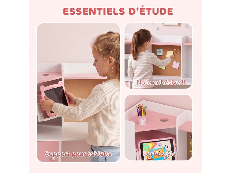  Bureau enfant avec chaise, table d'étude, support de tablette réglable, porte-stylos, 5-12 ans, panneau en liège, rose  - Conforama E