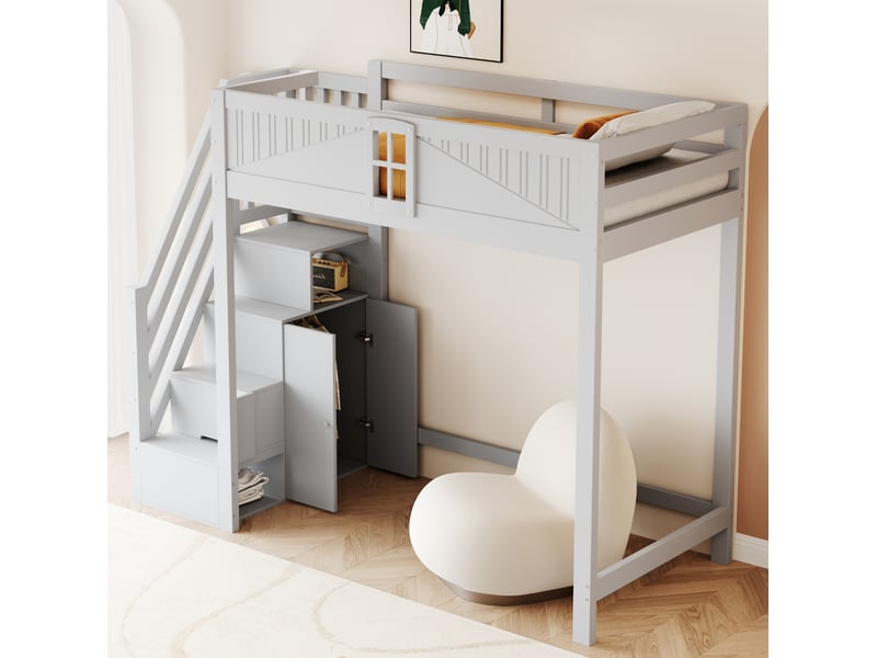 Lit mezzanine 90 x 200 cm avec escalier réversible et rangements, gris - Conforama B