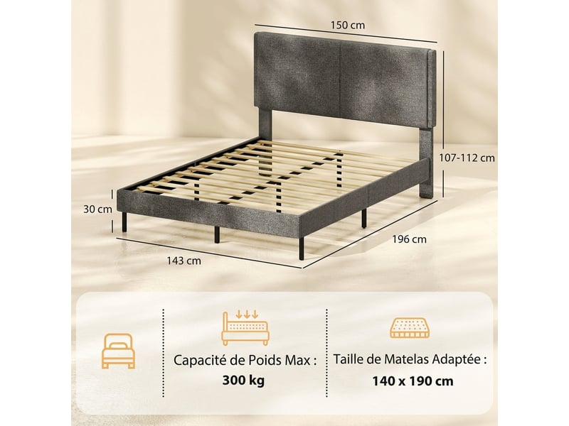  Cadre de lit 140x190 avec sommier, tête réglable et rangement sous le lit, double rembourré gris  - Conforama E