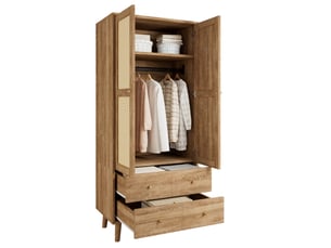 Armoire modenvie 2 portes avec penderie, étagères, 2 tiroirs et design rotin 80 x 50 x 180 cm en mdf bois naturel foncé