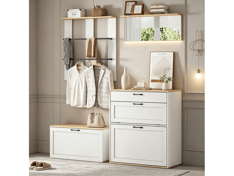  Ensemble vestiaire tcqpz modulable avec meuble à chaussures miroir et rangement 156 x 36 x 176 cm mdf blanc et bois naturel  - Conforama D