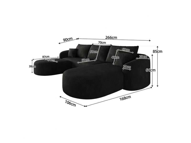  Canapé d’angle en u 5 places, modulable, tissu chenille noir, 266 cm  - Conforama C