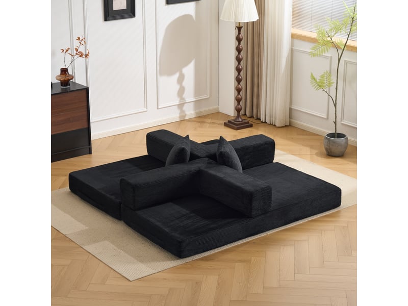  Canapé convertible au sol pliable en couchage  - accoudoirs rabattables, velours côtelé - noir  - Conforama C