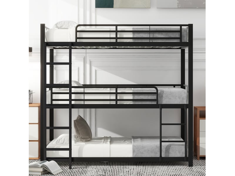  Lit superposé triple 90x200 cm, gain d'espace, structure métallique robuste, sécurité en747, coloris noir, sans matelas  - Conforama B