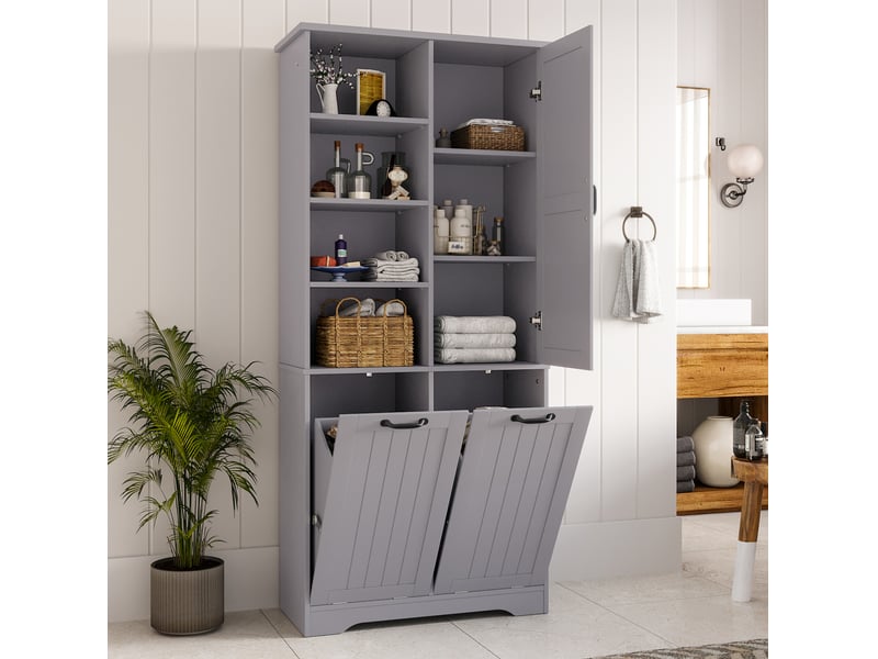 Armoire de salle de bain 78 x 35 x 172,7 cm – gris – double panier à linge, étagères réglables  - Conforama B