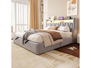Lit coffre 180x200 cm velours gris clair, tête rabattable, rangements intégrés, led et prise électrique