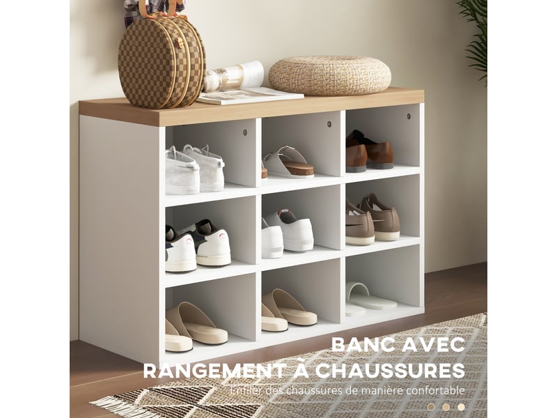 Ensemble meuble d'entrée 2-en-1 porte-manteau mural banc à chaussures 3 crochets et 9 niches blanc et chêne 75x30x50cm  - Conforama E