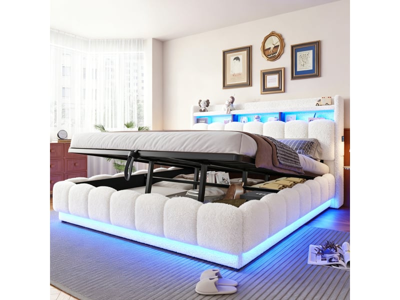  Lit coffre 180 × 200 cm avec sommier métal, led, usb et prise, tissu bouclé blanc pour chambre 224 × 190 × 112 cm  - Conforama D