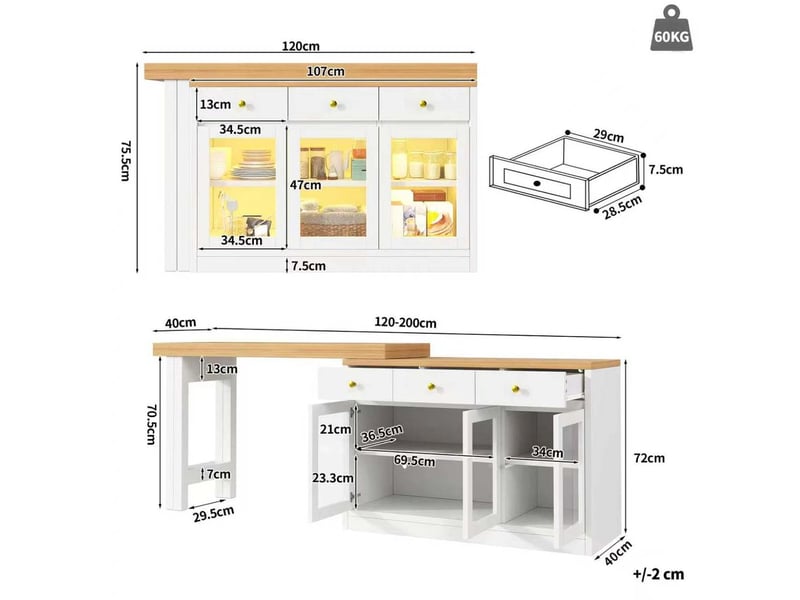  Îlot de cuisine extensible avec 3 tiroirs et 3 portes vitrées, led rgb, pour cuisine et salle à manger, blanc  - Conforama D