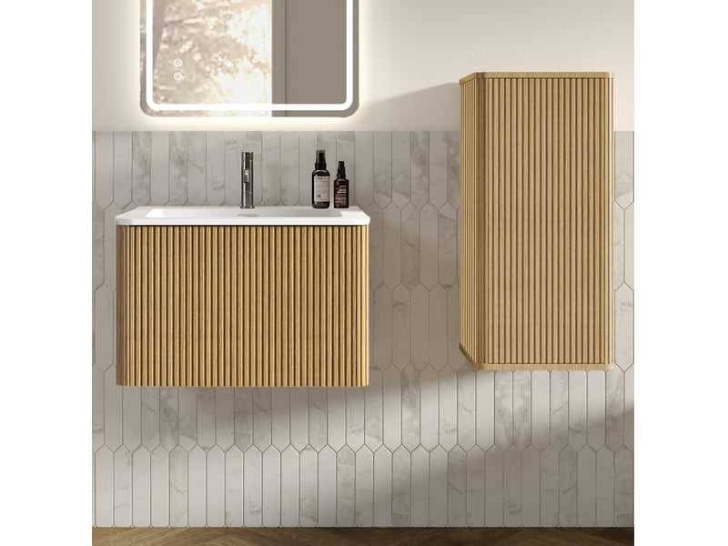  Ensemble meuble de salle de bains 61x46.5x37 cm suspendu avec lavabo et meuble latéral en mdf couleur chêne  - Conforama B