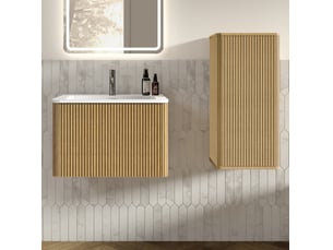 Ensemble meuble de salle de bains 61x46.5x37 cm suspendu avec lavabo et meuble latéral en mdf couleur chêne