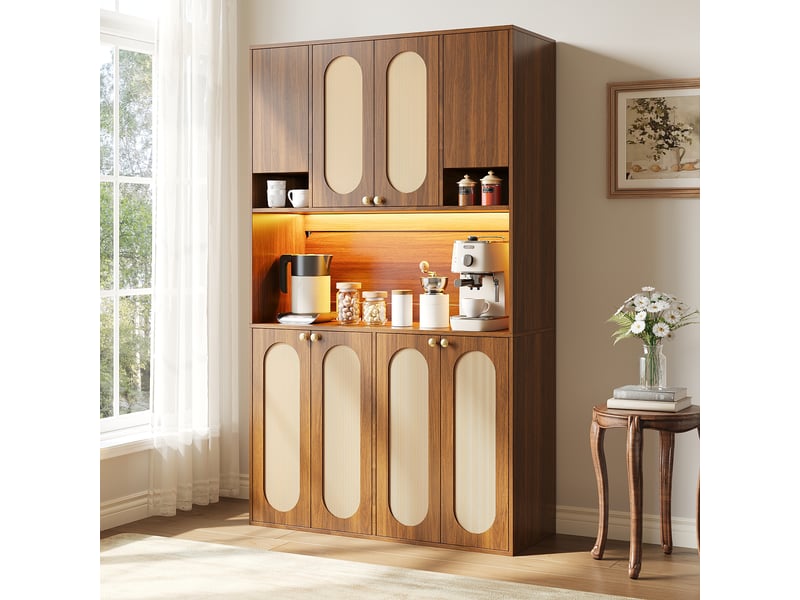  Buffet et enfilade haut à 8 portes, niches ouvertes et led réglable pour salle à manger, mdf naturel 106×40×178 cm  - Conforama C
