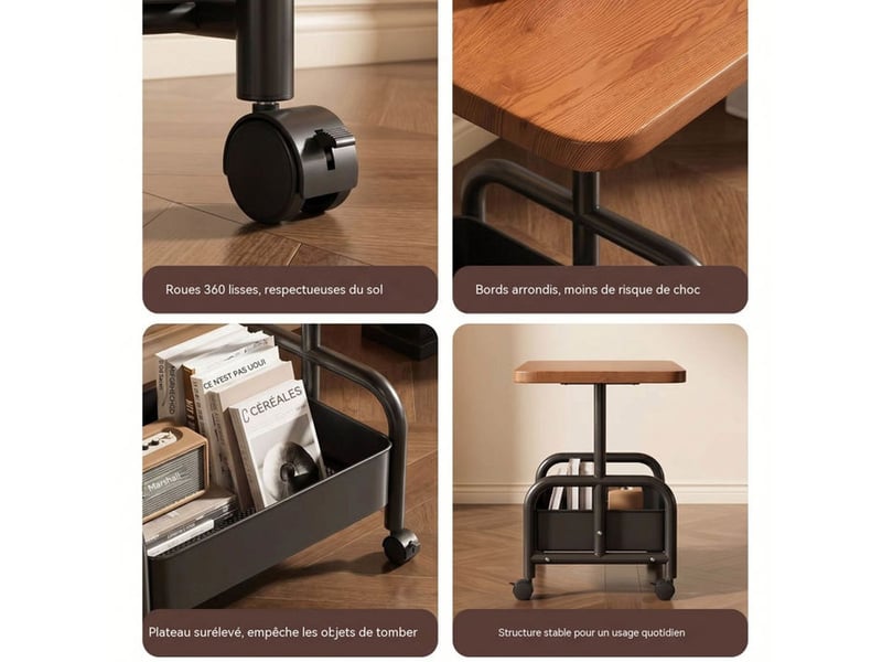  Chariot roulant 2 niveaux bois et metal noir avec roulettes 360  - Conforama C