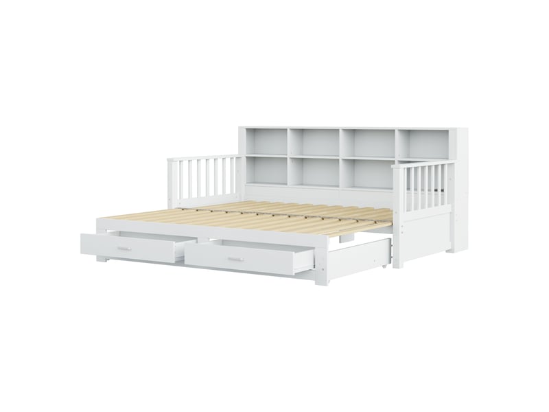 Lit extensible 90180x190cm, lit banquette avec 2 tiroirs, espace de rangement, charge, canapé lit, pin+mdf, blanc, sans matelas - Conforama W