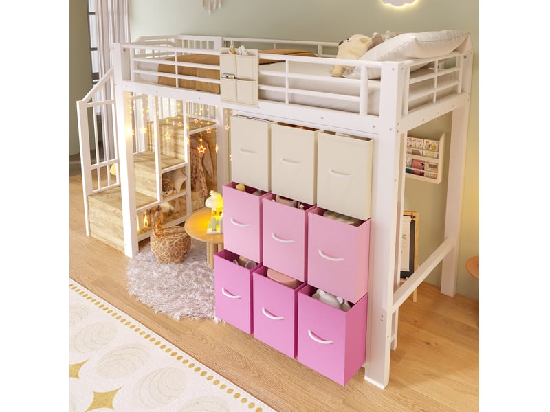  Lit mezzanine 90x200 cm avec tiroirs, tringle à vêtements, garde-corps, escalier de rangement mdf métal blanc sans matelas  - Conforama E