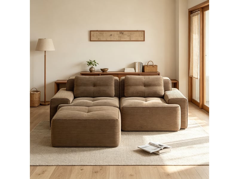  Canapé modulable 2 places avec pouf, finition capitonnée en velours côtelé, convertible, 69 × 204 × 177 cm, marron  - Conforama D