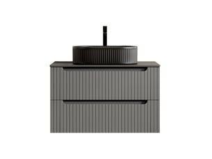 Meuble sous vasque suspendu avec 2 tiroirs, vasque ovale en céramique et plateau en pierre frittée pour salle de bain 80×46×62,2 cm