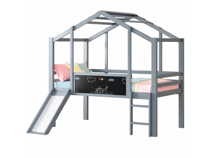  Lit mezzanine enfant gris en bois massif, lit simple avec toboggan, échelle et tableau, 200x90 cm, sans matelas  - Conforama A