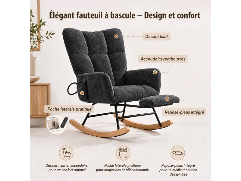  Chaise à bascule ergonomique en tissu chenille noir avec repose‑pieds rétractable, poche de rangement, structure métal et bois massif, charge 120 kg  - Conforama D