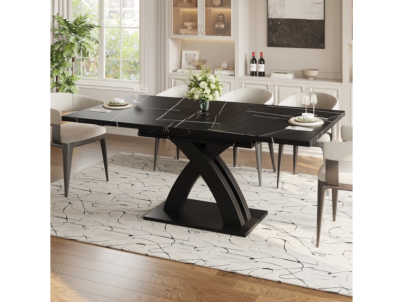  Table à manger rectangulaire extensible 120-160 x 80 cm, plateau mdf noir à motifs, piètement en x, rallonge intégrée, jusqu’à 6 places  - Conforama B