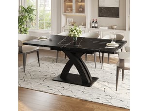 Table à manger rectangulaire extensible 120-160 x 80 cm, plateau mdf noir à motifs, piètement en x, rallonge intégrée, jusqu’à 6 places