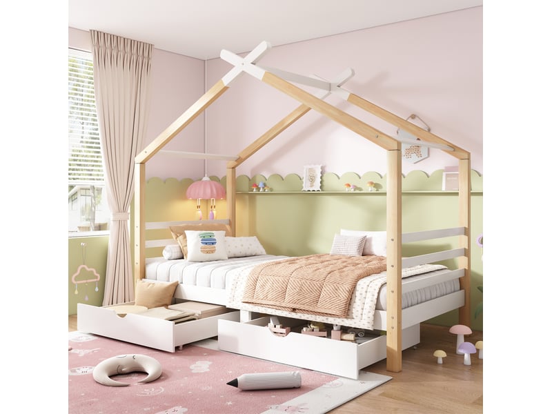 Lit enfant cabane avec tiroirs blanc et bois clair 90 x 200 cm - Conforama C