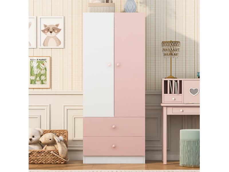  Armoire penderie 2 portes avec 2 tiroirs 70 x 40 x 170 cm, rose et blanche  - Conforama D