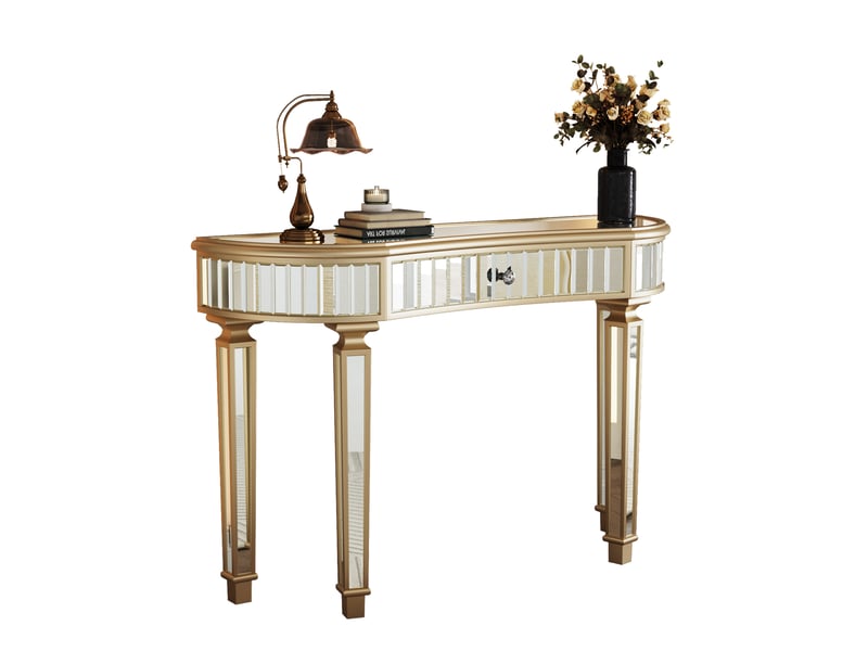 Console demi-lune avec tiroir et miroir, verre rainuré, pour entrée ou salon, doré et argenté, 120 × 38 × 78 cm - Conforama A
