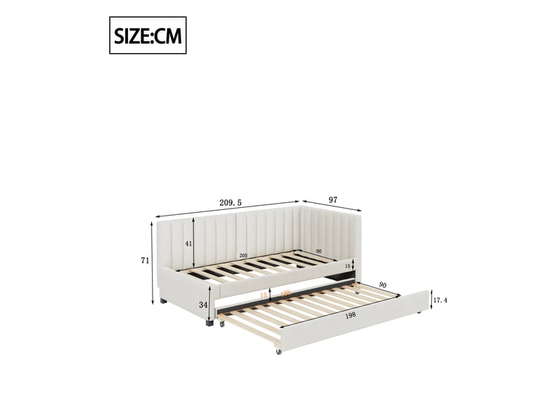 Lit banquette 90x200 cm en velours beige, lit gigogne multifonction avec sommier à lattes - Conforama C