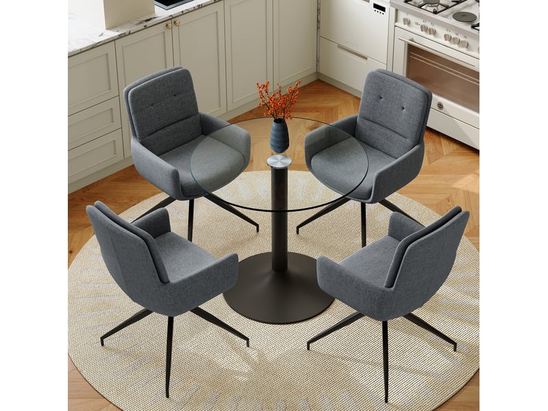  Ensemble table à manger ronde en verre trempé avec 4 chaises pivotantes 360° en tissu gris foncé et métal noir  - Conforama B