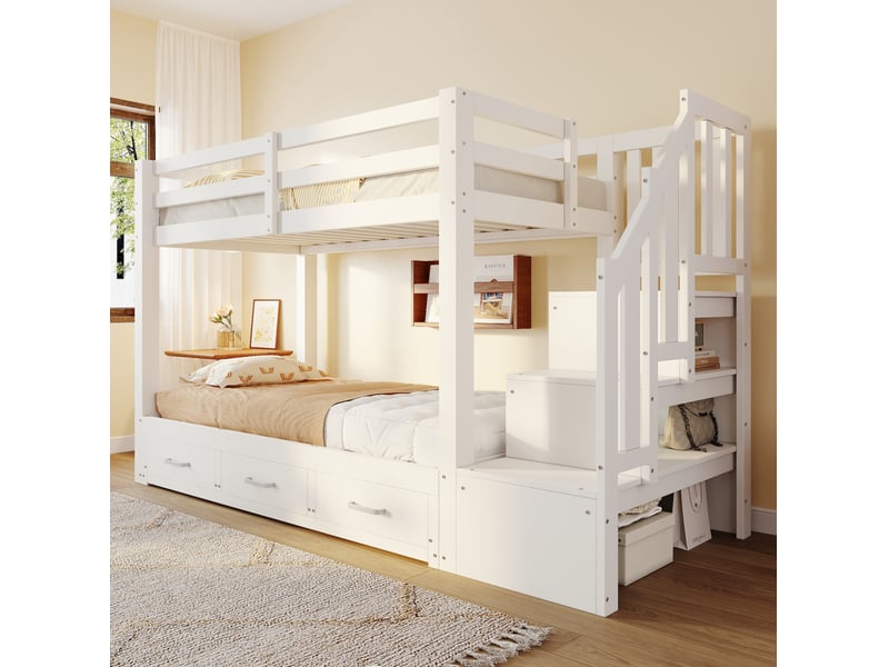  Lit superposé 90x200 cm avec lit gigogne 90180x190 cm, 3 tiroirs, échelle et rangements, pin et mdf blanc  - Conforama D