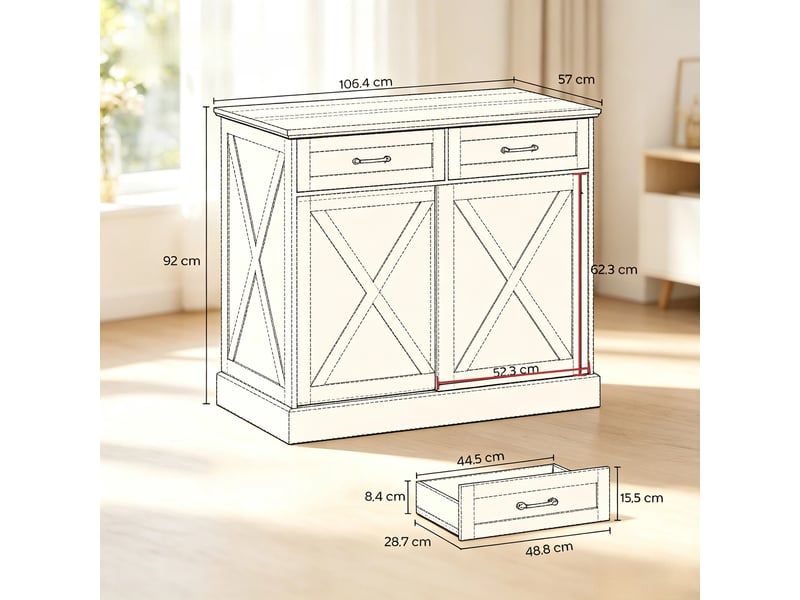 Îlot de cuisine multifonction avec portes coulissantes et 2 tiroirs, plateau marron antique et corps blanc, 106x57x92 cm - Conforama E