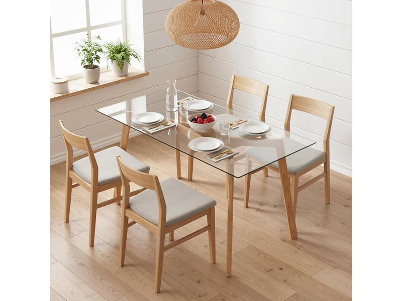  Table à manger pour 4 personnes, 120x60x76cm, table de cuisine, plateau en verre trempé et pieds en acier, transparent  - Conforama D