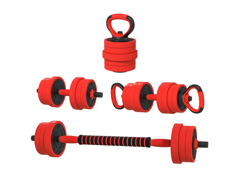 Kit de musculation 4 en 1 de 30 kg, convertible en kettlebell, comprenant 2 haltères, une barre et un support pour pompes, rouge. - Conforama B