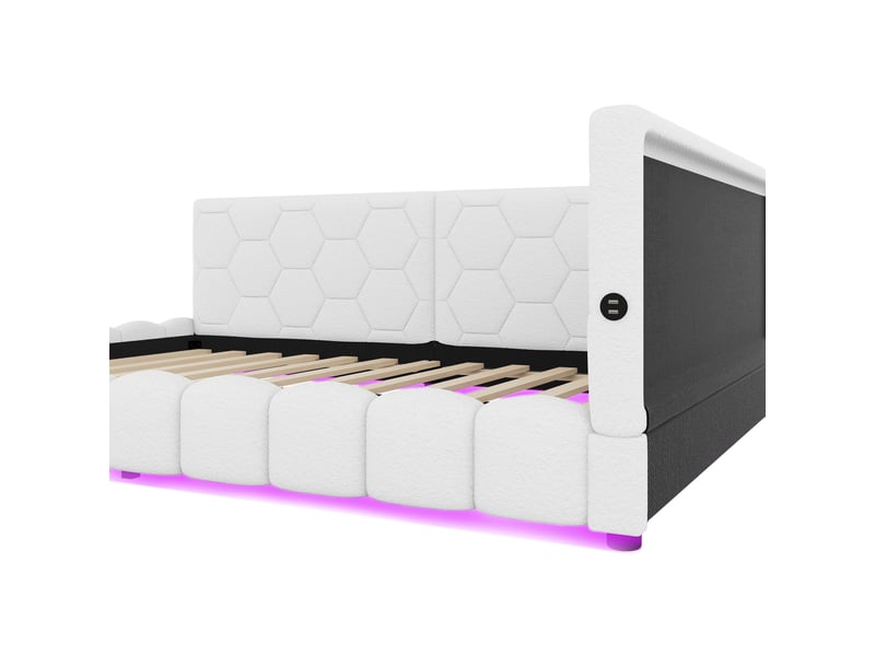  Lit enfant 140x200 cm avec éclairage led 16 couleurs réglable, ports usb et type-c, velours et mdf, blanc, sans matelas  - Conforama R