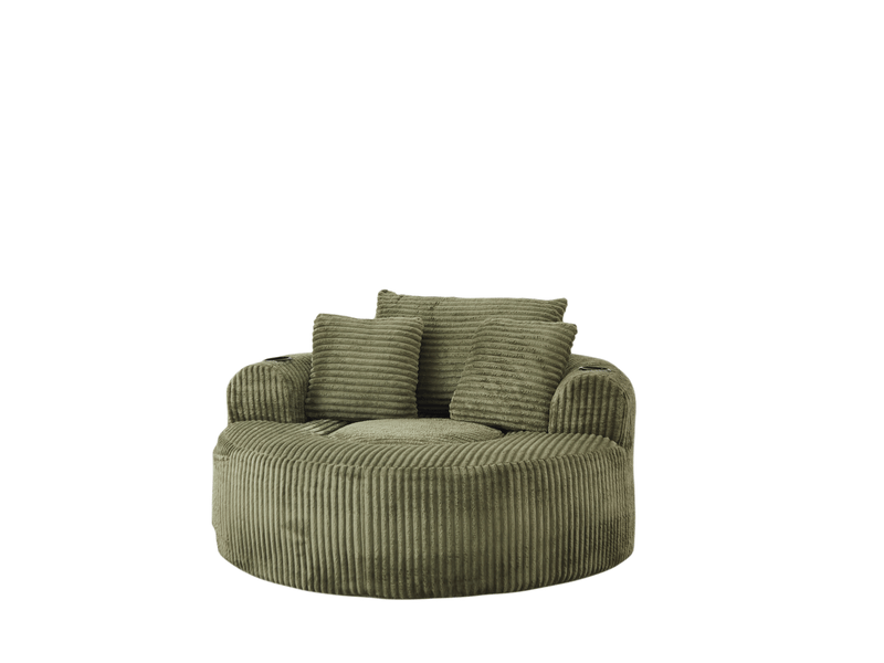 Fauteuil lounge rond 1 place en velours côtelé vert avec 3 coussins - Conforama D