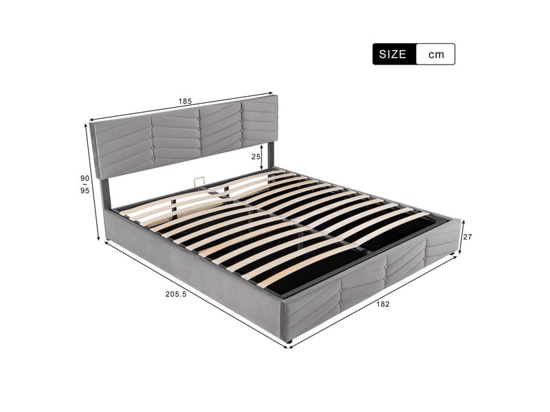 Lit coffre 180x200cm velours gris - lit rembourré - tête de lit réglable, rangement hydraulique, style rayé - Conforama C